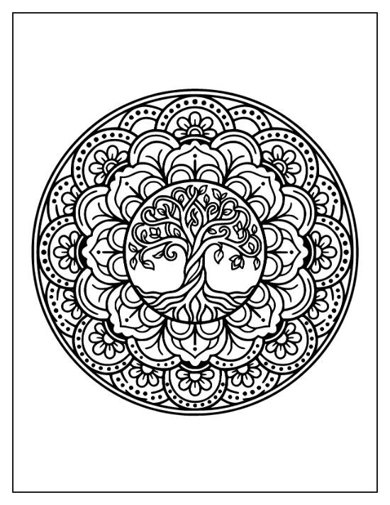 Ornate circular design featuring a central tree with swirling branches and roots inside a floral mandala.