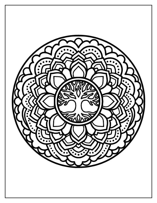 Ornate tree with sprawling roots and branches centered within a circular floral mandala coloring page.