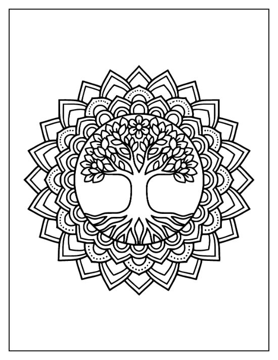 Symmetrical tree with roots and flowers centered inside a circular frame of layered lotus petals mandala.