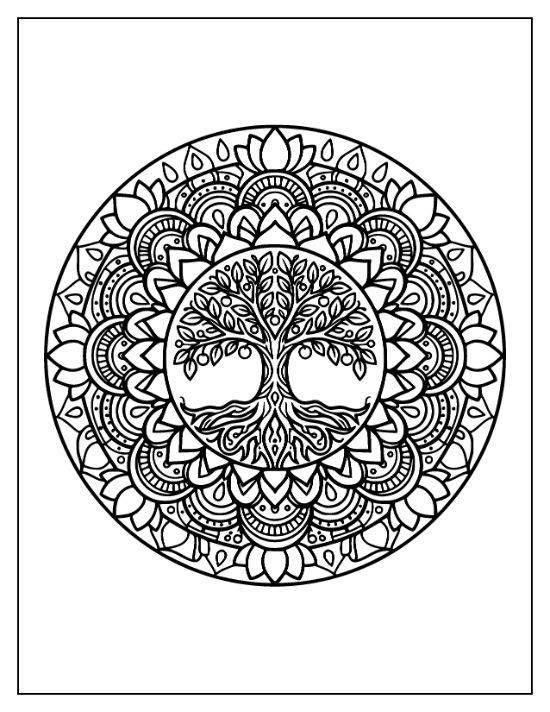 Symmetrical tree with intricate roots and leaves centered within a circular floral mandala coloring sheet.