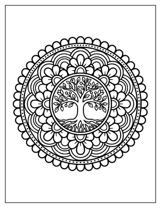 Symmetrical tree with roots and leaves centered within a floral mandala with scalloped edges coloring sheet.