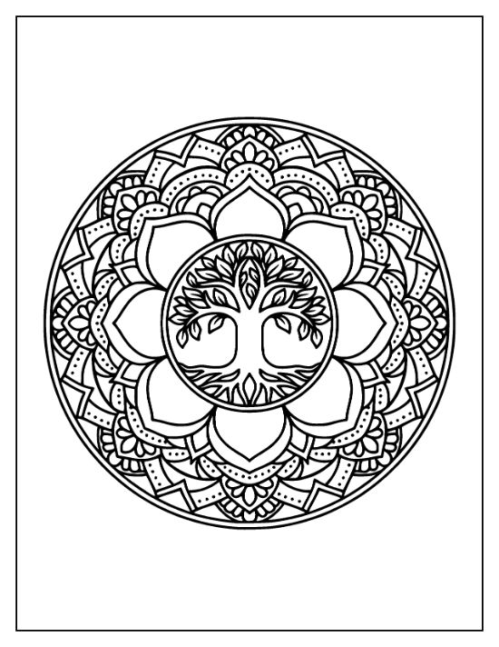 Symmetrical tree with leafy branches and roots centered inside a circular floral pattern mandala.