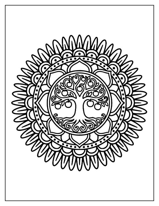 Ornate fruit tree centered within concentric circular patterns and scalloped borders in a symmetrical mandala coloring page.