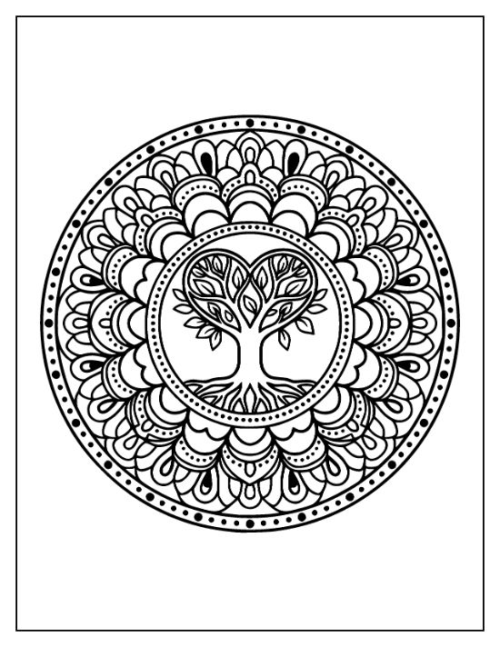 A heart shaped tree centered within concentric circular borders of scalloped petals and dots mandala.