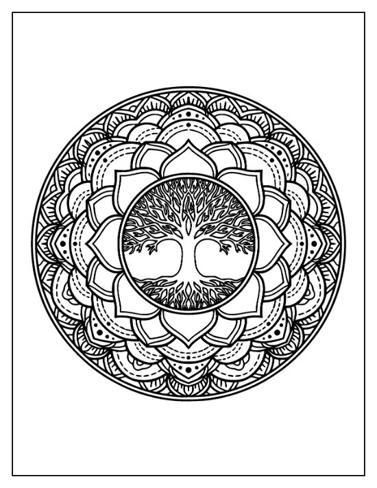 Symmetrical tree with sprawling roots and branches centered within a circular floral mandala coloring sheet.