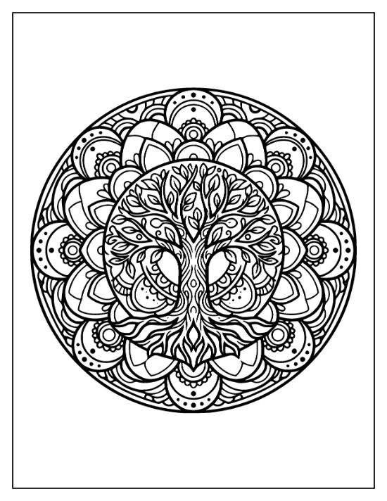 Ornate tree with spreading roots and leafy branches centered within a circular floral mandala coloring page.