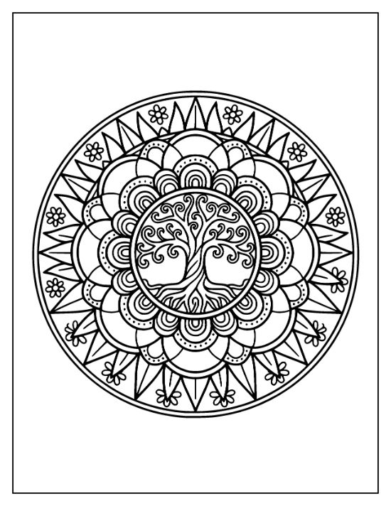 Symmetrical tree with swirling branches centered in a circular floral pattern with thick black outlines coloring sheet.