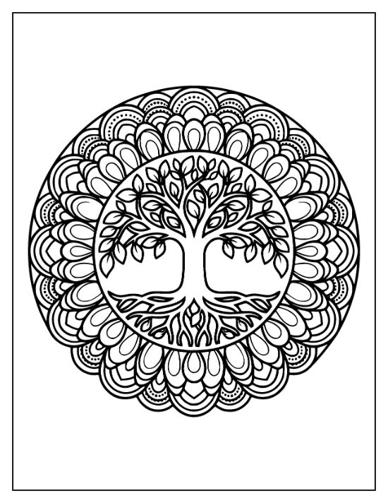 Ornate tree with spreading roots and leafy branches centered within a circular patterned mandala coloring sheet.