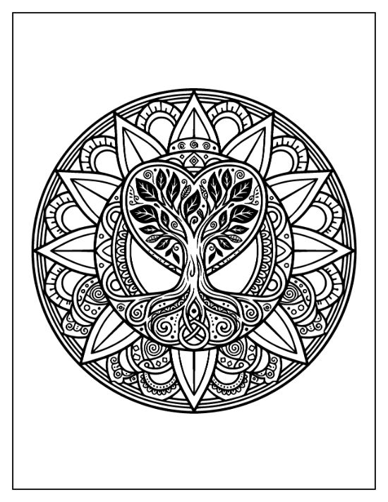 A central tree with leafy branches and knotted roots sits inside a heart within a circular mandala.