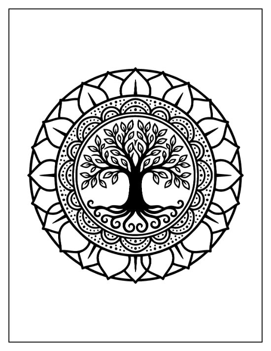 Spreading tree with curly roots centered inside a circular frame of lotus petals and dots mandala.