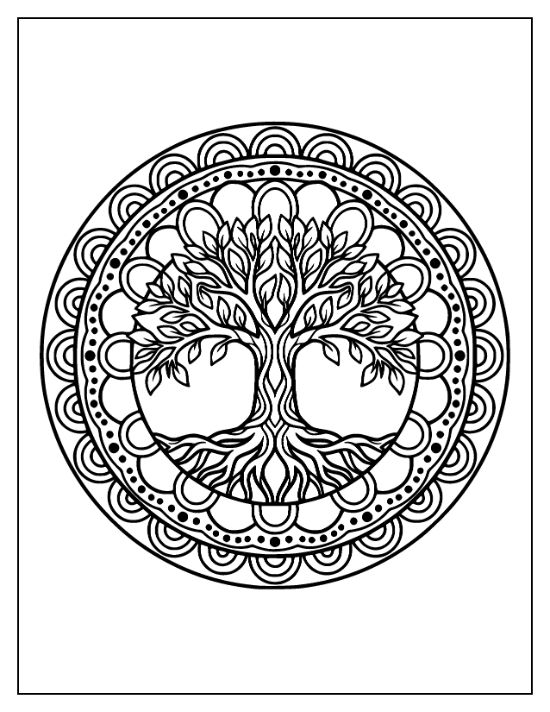 Symmetrical tree with leafy branches and thick roots centered within a circular patterned mandala coloring page.