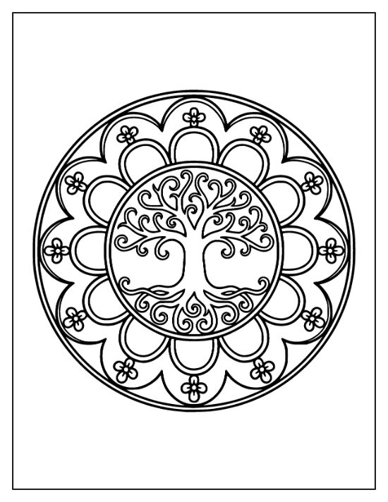 A centered tree with swirling branches inside a circular frame with floral and scalloped patterns coloring page.