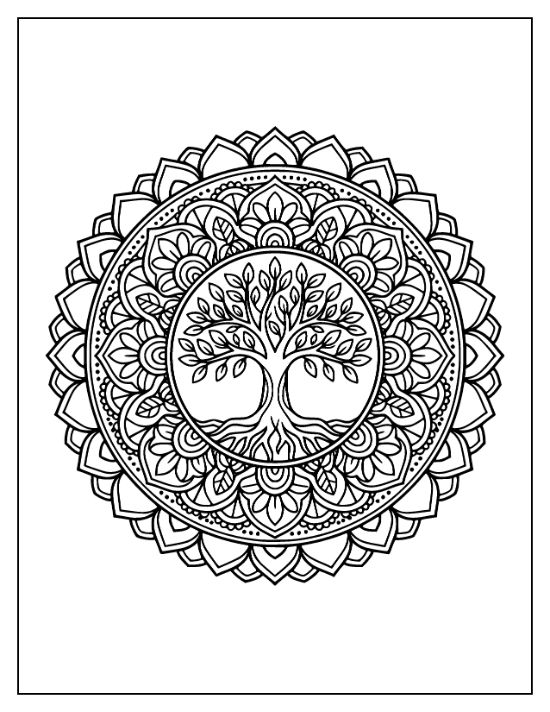 Tree with sprawling roots and leafy branches centered within a circular floral pattern mandala.