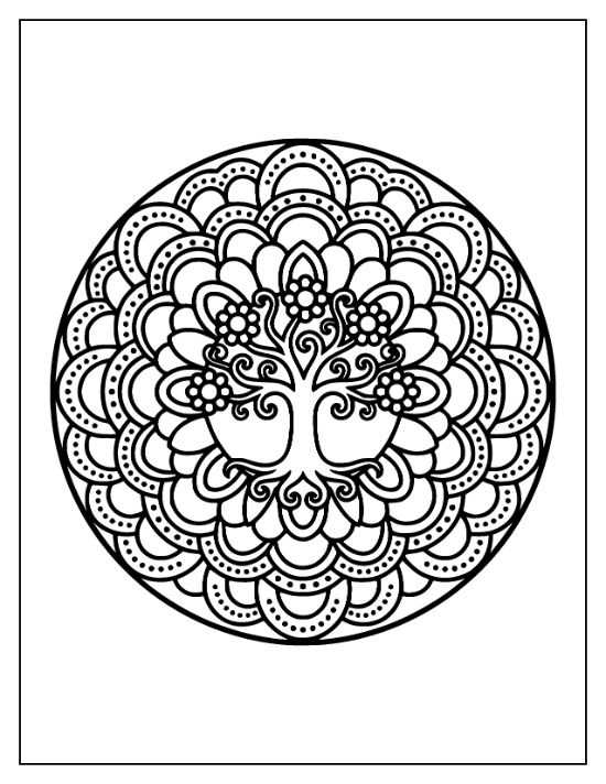 Ornate tree with swirling branches centered within a circular pattern of scalloped layers and floral motifs mandala.