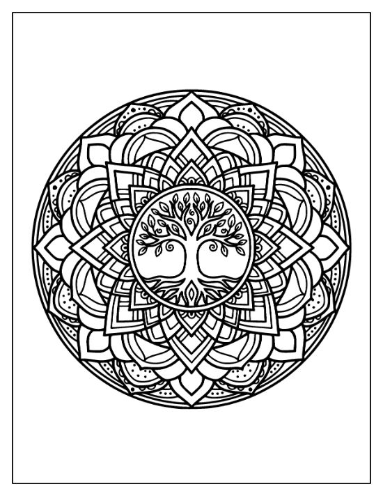 A leafy tree with deep roots sits centered inside a circular mandala with layered geometric petals mandala.