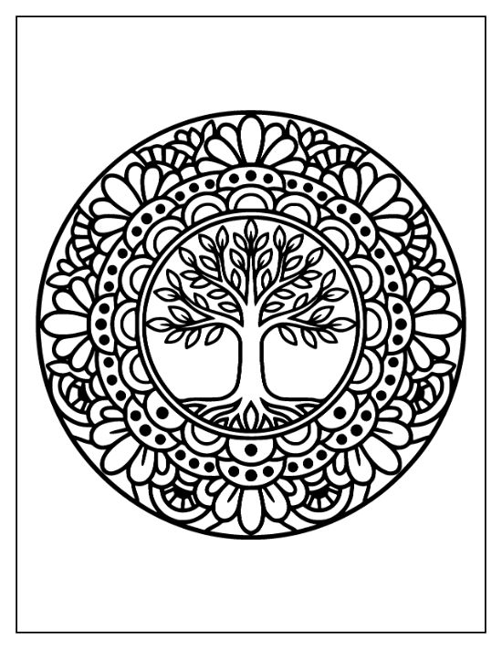 A leafy tree centered within a circular frame surrounded by floral petal patterns and bold dots mandala.