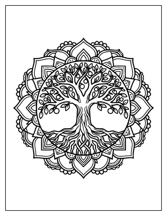 Ornate tree with spreading roots and fruit centered within a symmetrical lotus petal mandala coloring page.