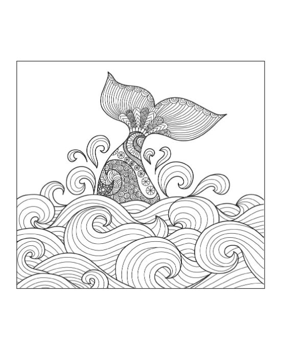 Whale tail rising above curling layered waves with bubble accents on a coloring page