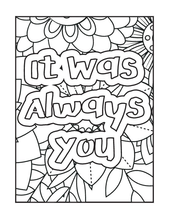 Bubble letters spelling a romantic phrase over a dense floral background with large petals coloring page.