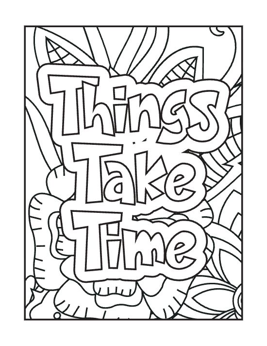 Inspirational text surrounded by large floral petals and leaves in a bold and easy coloring page.