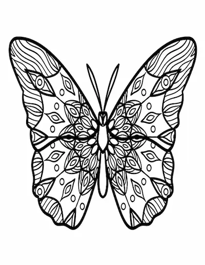 Intricate butterfly mandala coloring page for adults