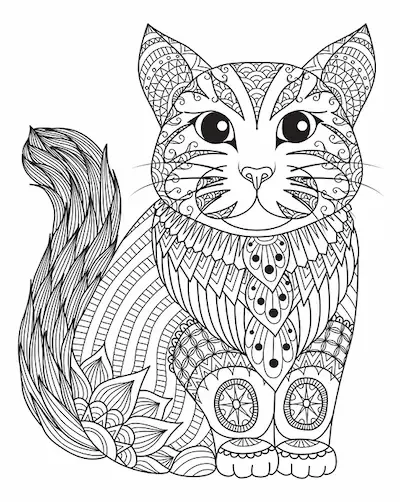 Intricate cat mandala coloring page for adults