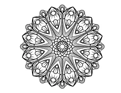 Intricate floral mandala with repeating patterns and layered petals, coloring page.