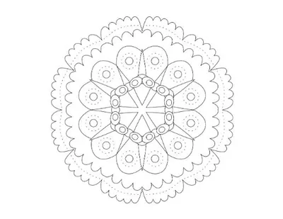 Intricate mandala with wavy borders and dotted petal designs, coloring page.