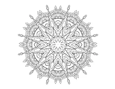 Intricate mandala with layered petals, sun rays, and small teardrop accents coloring page.
