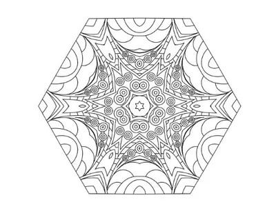 Hexagonal mandala with intricate patterns, stars, and circles, perfect for relaxing coloring. 
mandala