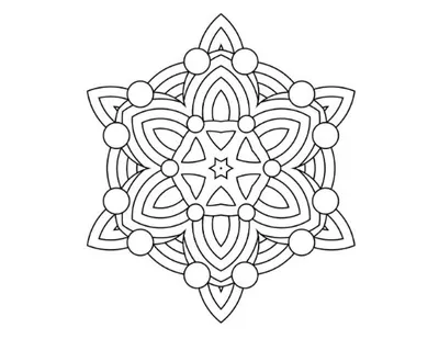 Intricate snowflake mandala with star and circle details for a relaxing coloring sheet.