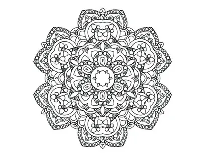 Intricate, symmetrical floral mandala with detailed patterns for an adult coloring page.