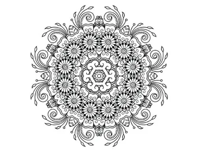 Intricate floral mandala with an inner geometric pattern, featuring petals and swirling leaves, mandala.