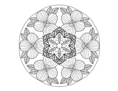 Floral mandala with a patterned center and six large flowers, mandala