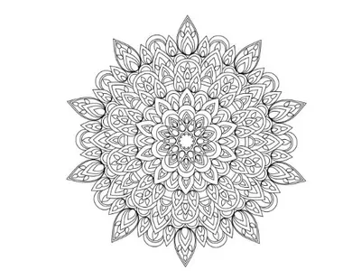 Intricate floral mandala design with repeating patterns and a central blossom, coloring page.