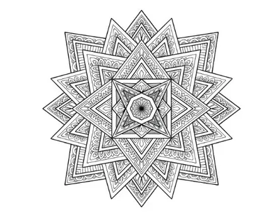 Intricate geometric mandala with sharp points and small details, coloring sheet.