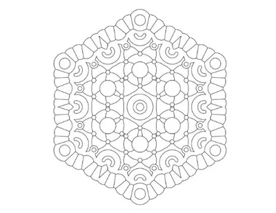 Hexagonal geometric pattern with connected circles and ornate border, coloring page.