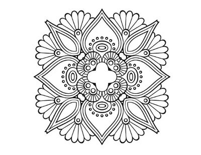 Symmetrical mandala with intricate floral and paisley patterns, ideal for mindful coloring page.