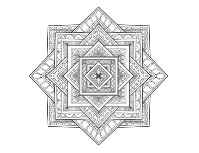 Intricate square mandala with alternating patterns and textures, coloring page.
