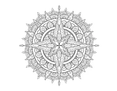Intricate mandala with a central starburst and layered floral patterns, coloring page.