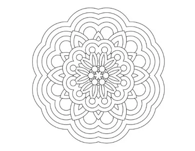 Ornate mandala with floral motifs and layered scalloped edges, coloring page.