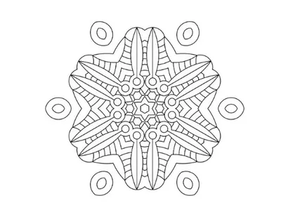 Detailed abstract snowflake mandala with pointed leaves and small circles coloring page