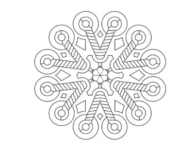 Intricate snowflake with repeated rope shapes and circular elements, bold and easy.