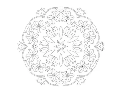 Flowery symmetrical mandala with central star and outer jagged edges coloring page.