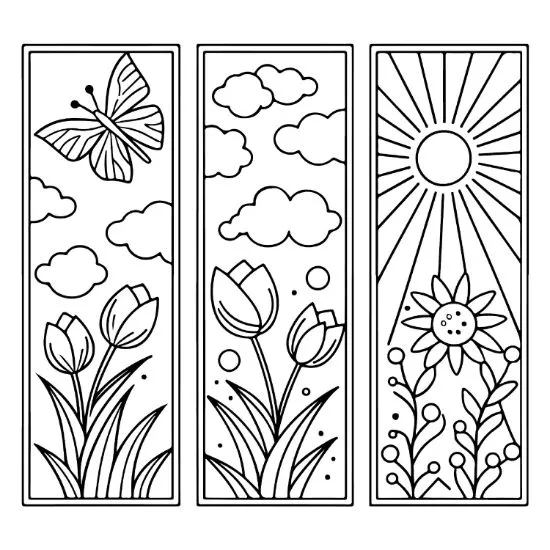 simple nature coloring pages for adults featuring vertical panels with butterflies, tulips, and sunbeams, bold and easy.