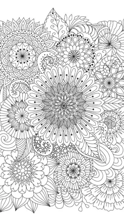 Intricate floral bouquet with delicate petals and leaves, a detailed coloring page.