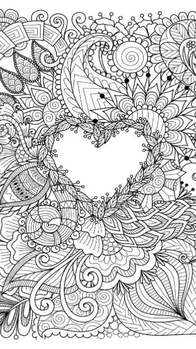 Intricate heart-shaped frame amidst paisley and floral patterns coloring page.