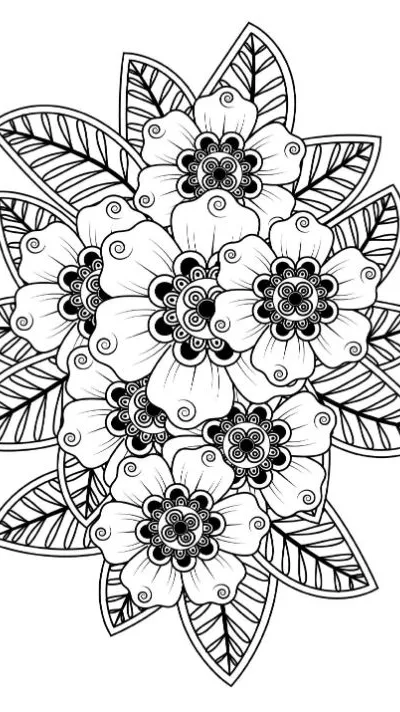 Intricate flower cluster with leaves and swirly details adult coloring page.