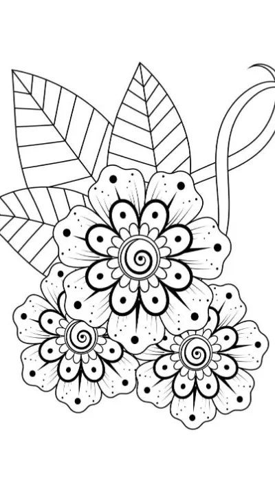 Detailed mehndi style flowers with dotted petals and spiraled centers, a coloring page.