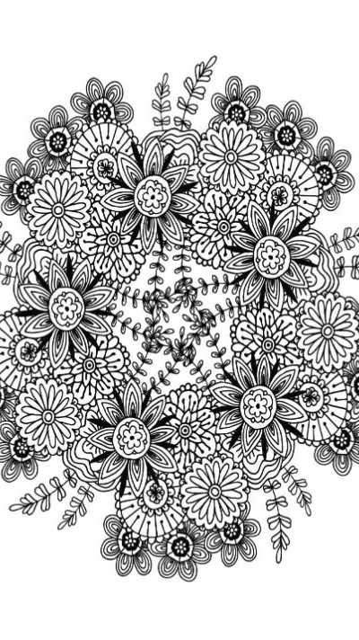 Floral mandala with diverse petals and leafy patterns coloring page.